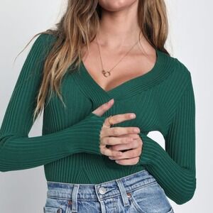 Lulus Elevated Vibes‎ Emerald Green Ribbed Long Sleeve Sweater Top